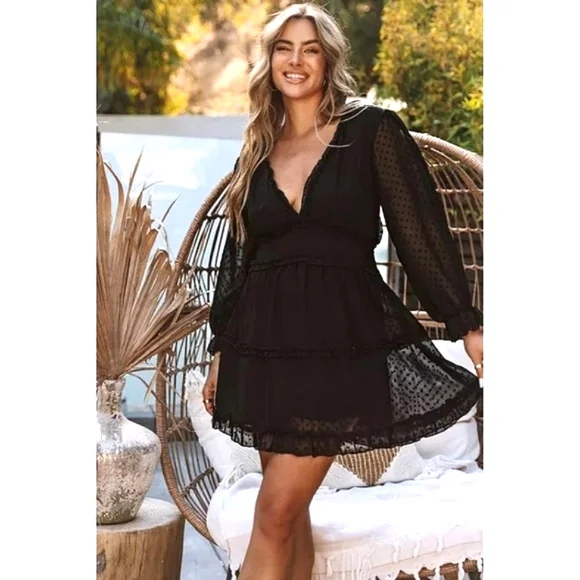 LAST ONE! Black Ruffled Open Back Swiss Dot Mini Dress - Picture 2 of 5